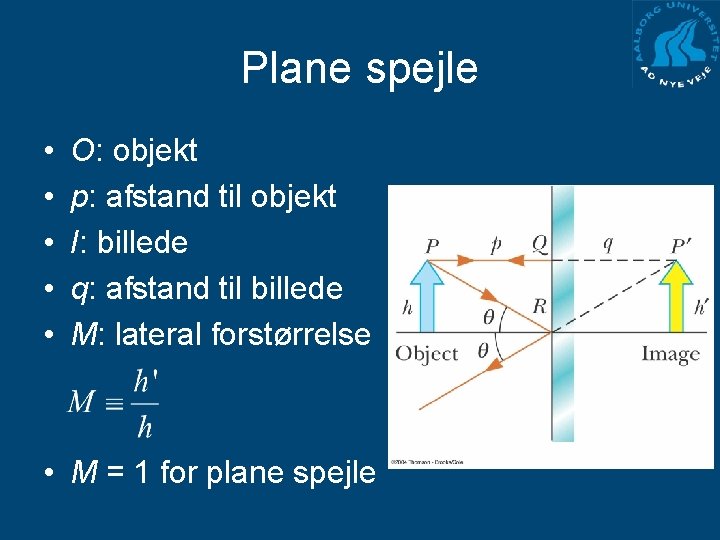 Plane spejle • • • O: objekt p: afstand til objekt I: billede q: