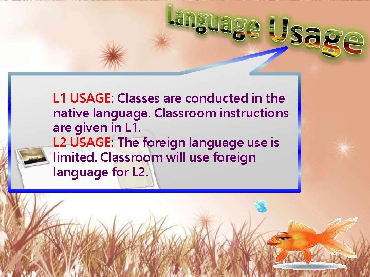 L 1 USAGE: Classes are conducted in the native language. Classroom instructions are given