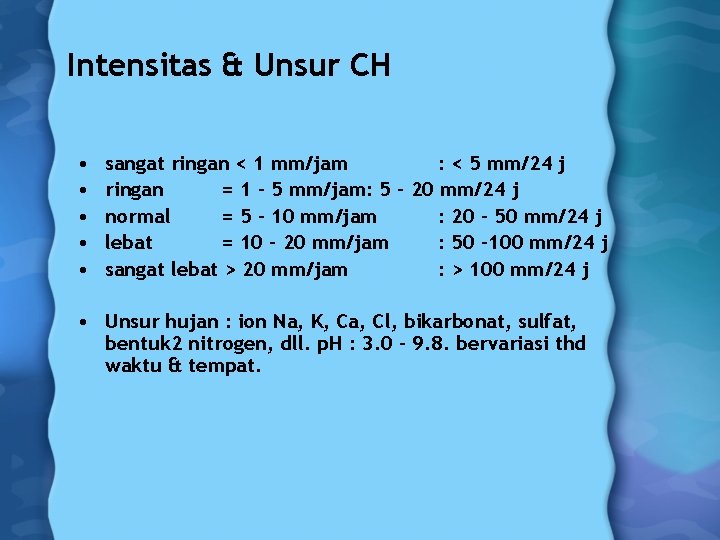 Intensitas & Unsur CH • • • sangat ringan < 1 mm/jam : <