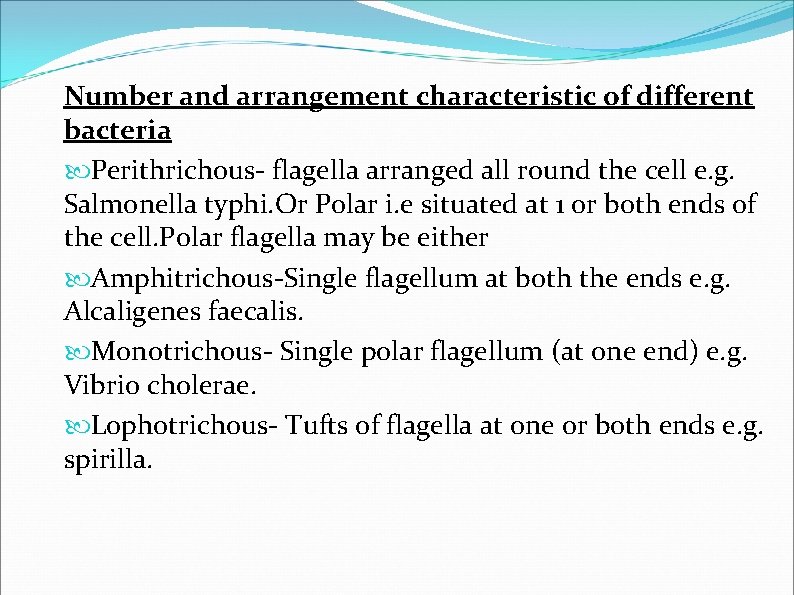 Number and arrangement characteristic of different bacteria Perithrichous- flagella arranged all round the cell Number and arrangement characteristic of different bacteria Perithrichous- flagella arranged all round the cell