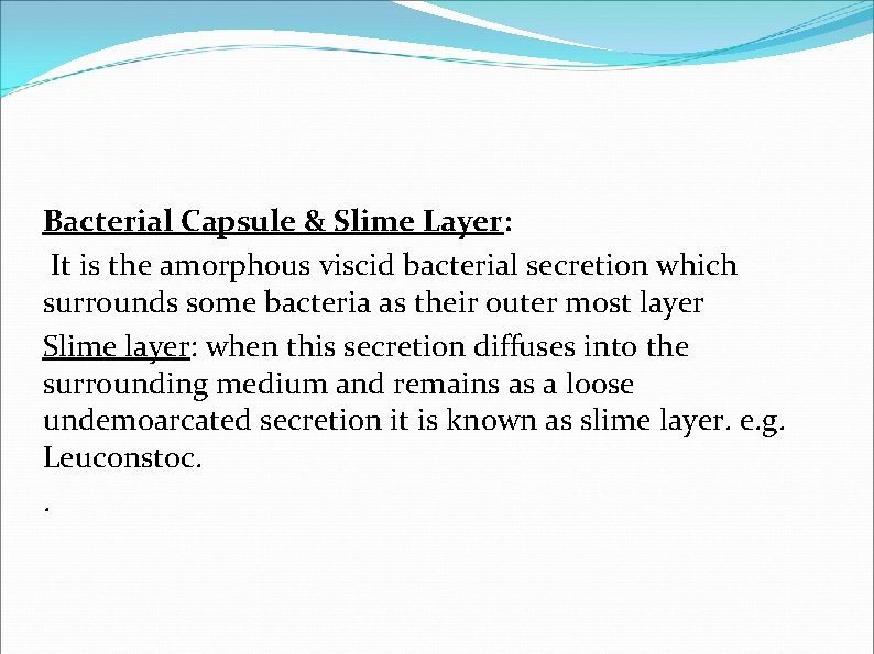 Bacterial Capsule & Slime Layer: It is the amorphous viscid bacterial secretion which surrounds Bacterial Capsule & Slime Layer: It is the amorphous viscid bacterial secretion which surrounds