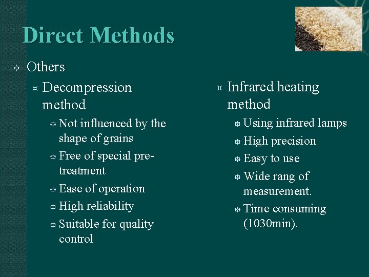 Direct Methods Others Decompression method Not influenced by the shape of grains Free of