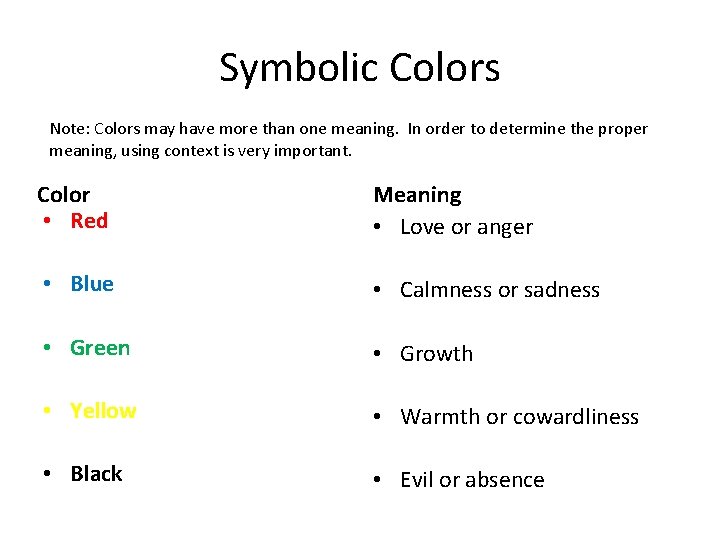 Symbolic Colors Note: Colors may have more than one meaning. In order to determine