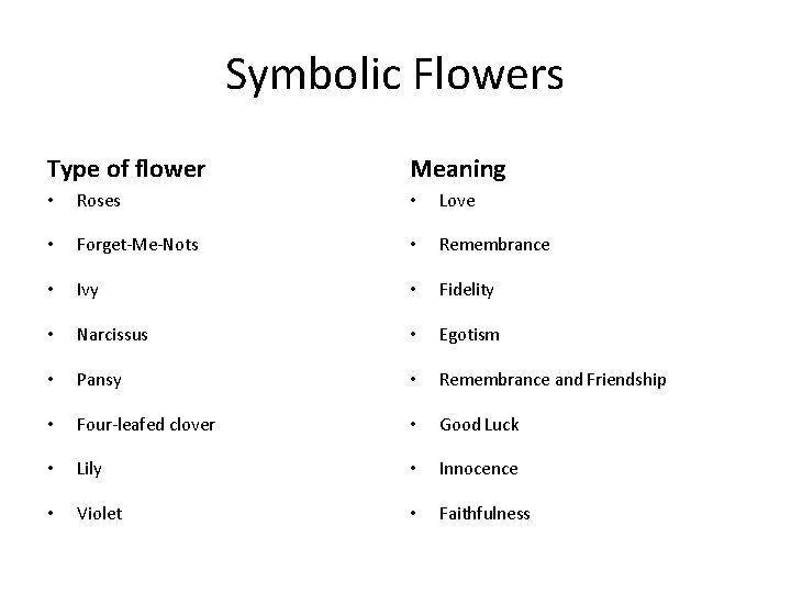 Symbolic Flowers Type of flower Meaning • Roses • Love • Forget-Me-Nots • Remembrance