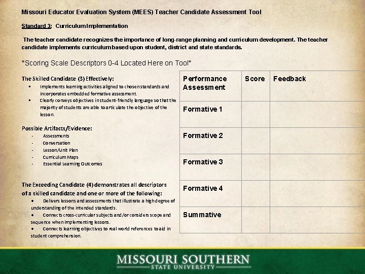 Missouri Educator Evaluation System (MEES) Teacher Candidate Assessment Tool Standard 3: Curriculum Implementation The Missouri Educator Evaluation System (MEES) Teacher Candidate Assessment Tool Standard 3: Curriculum Implementation The