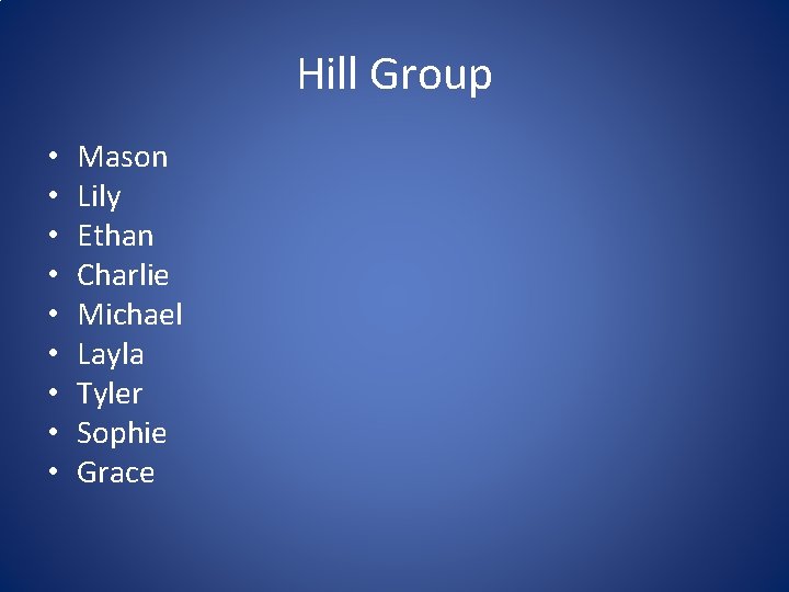 Hill Group • • • Mason Lily Ethan Charlie Michael Layla Tyler Sophie Grace