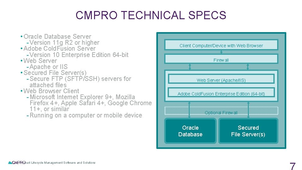 CMPRO TECHNICAL SPECS • Oracle Database Server - Version 11 g R 2 or CMPRO TECHNICAL SPECS • Oracle Database Server - Version 11 g R 2 or