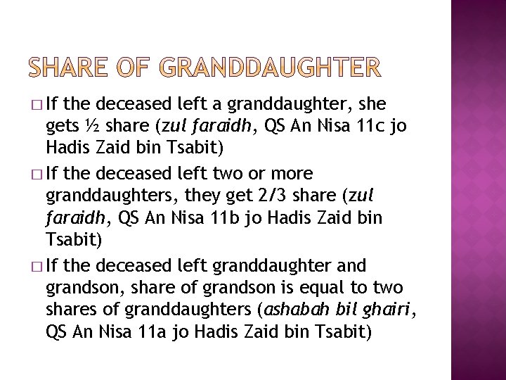 � If the deceased left a granddaughter, she gets ½ share (zul faraidh, QS � If the deceased left a granddaughter, she gets ½ share (zul faraidh, QS