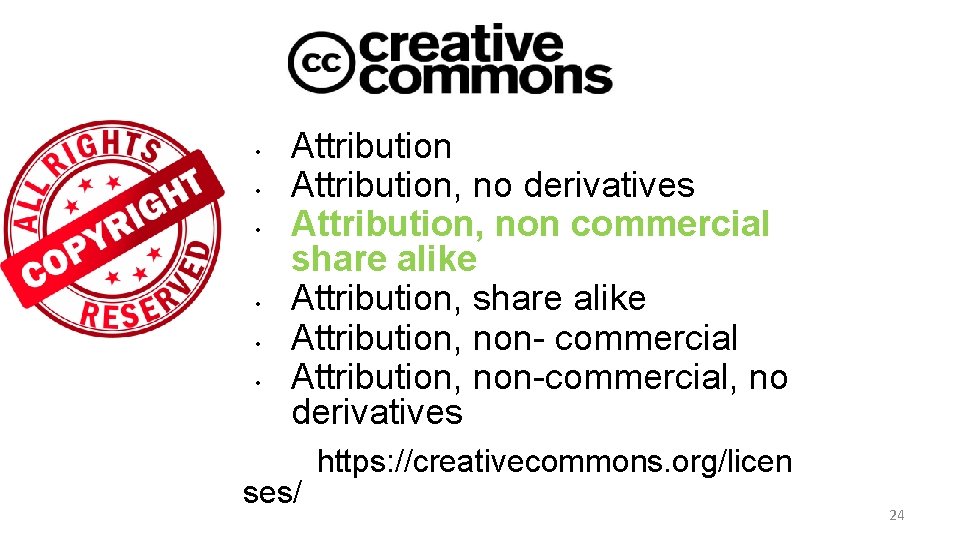  • • • Attribution, no derivatives Attribution, non commercial share alike Attribution, non-