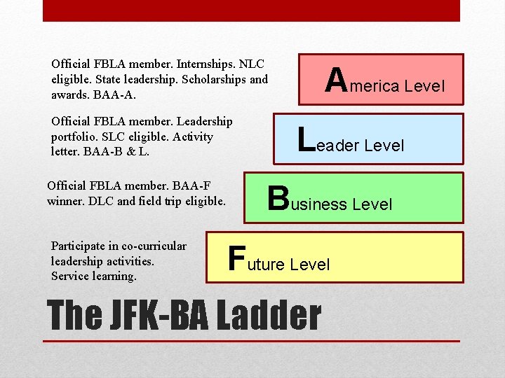 Official FBLA member. Internships. NLC eligible. State leadership. Scholarships and awards. BAA-A. Official FBLA