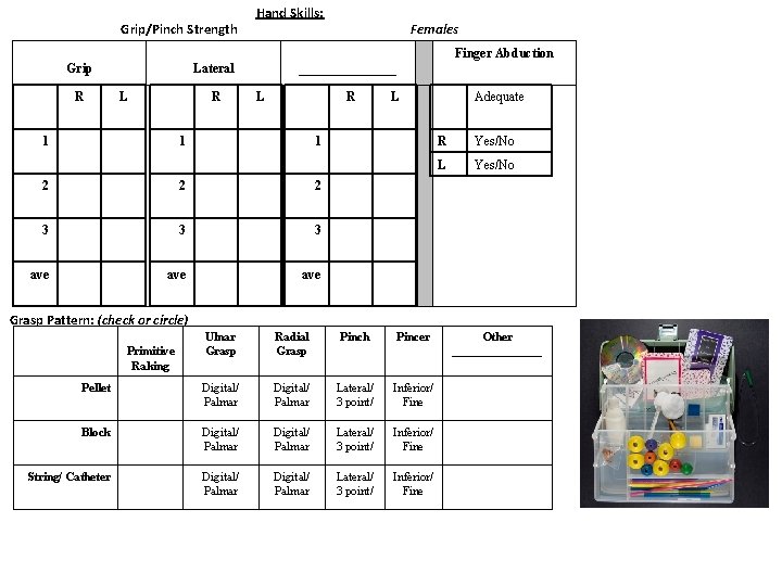 Grip/Pinch Strength Hand Skills: Females Finger Abduction Grip R Lateral L R 1 ________