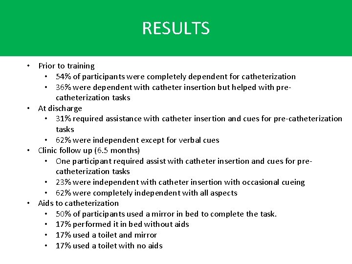 RESULTS • Prior to training • 54% of participants were completely dependent for catheterization