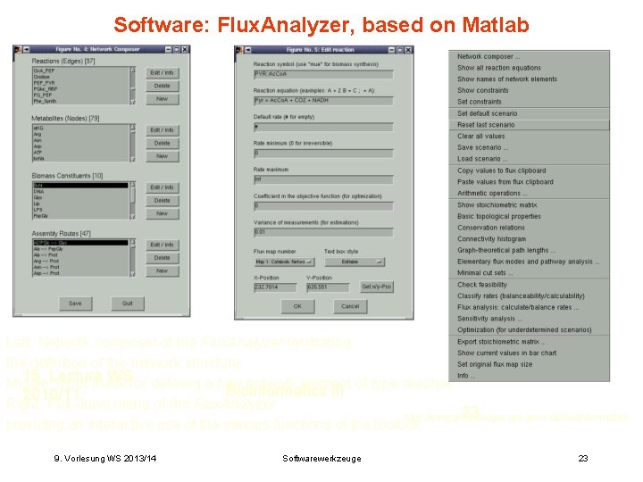 Software: Flux. Analyzer, based on Matlab Left: Network composer of the Flux. Analyzer facilitating