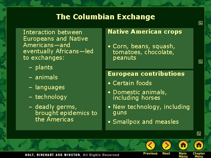 The Columbian Exchange Interaction between Europeans and Native Americans—and eventually Africans—led to exchanges: –