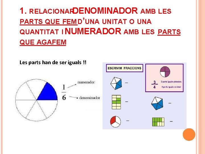 1. RELACIONARDENOMINADOR AMB LES PARTS QUE FEM D’UNA UNITAT O UNA QUANTITAT I NUMERADOR