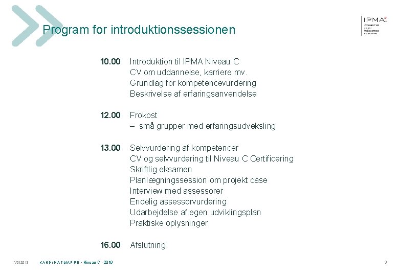 Program for introduktionssessionen 10. 00 Introduktion til IPMA Niveau C CV om uddannelse, karriere