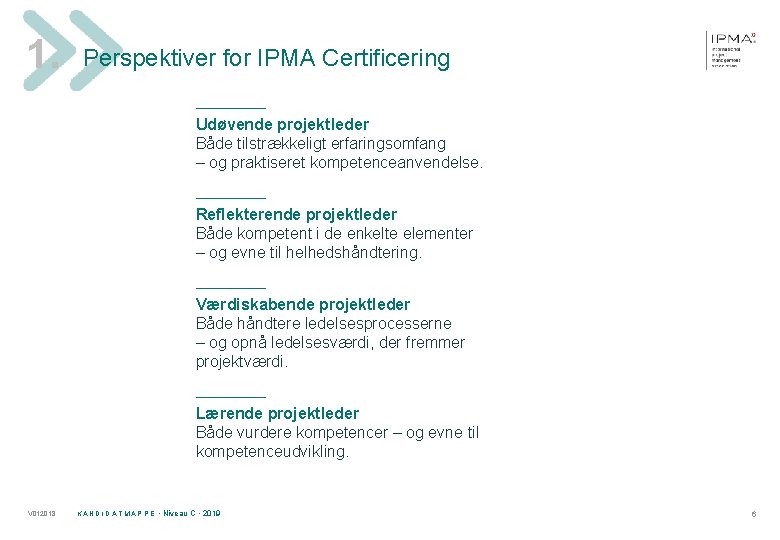 1. Perspektiver for IPMA Certificering ______ Udøvende projektleder Både tilstrækkeligt erfaringsomfang – og praktiseret