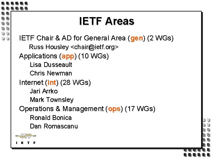 IETF Areas IETF Chair & AD for General Area (gen) (2 WGs) Russ Housley
