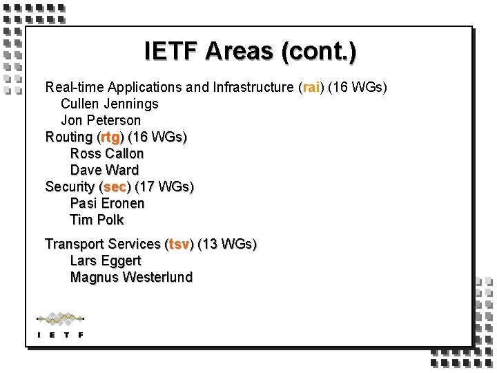 IETF Areas (cont. ) Real-time Applications and Infrastructure (rai) (16 WGs) Cullen Jennings Jon