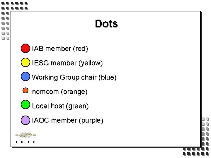 Dots IAB member (red) IESG member (yellow) Working Group chair (blue) nomcom (orange) Local