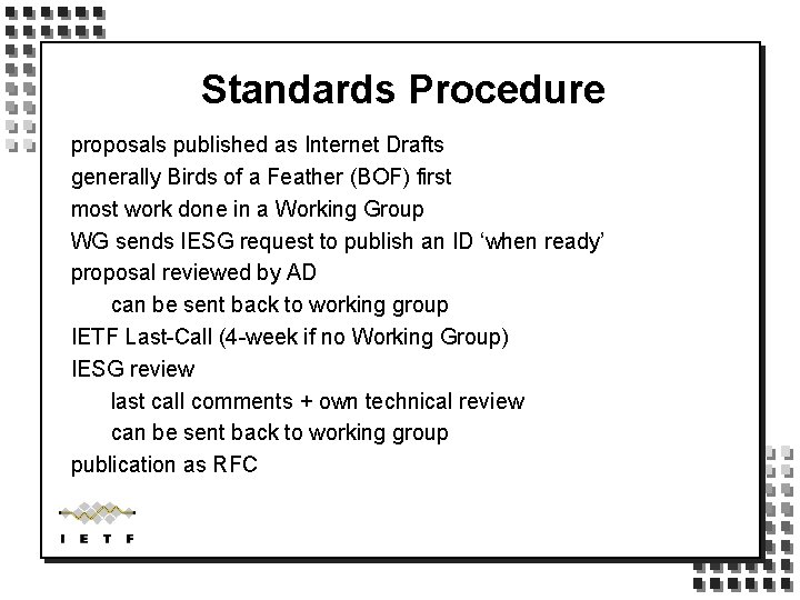 Standards Procedure proposals published as Internet Drafts generally Birds of a Feather (BOF) first