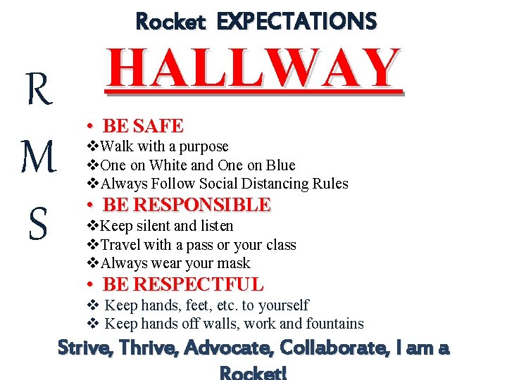 Rocket EXPECTATIONS HALLWAY R M S • BE SAFE v. Walk with a purpose