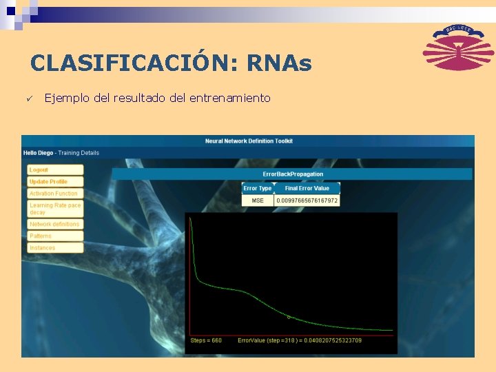 CLASIFICACIÓN: RNAs ü Ejemplo del resultado del entrenamiento 