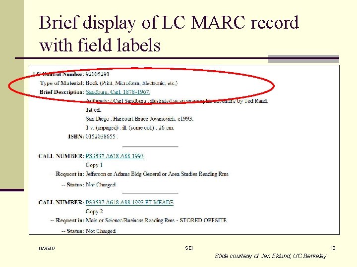 Brief display of LC MARC record with field labels 6/25/07 SEI 13 Slide courtesy