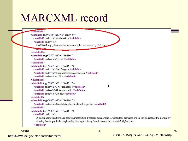 MARCXML record 6/25/07 http: //www. loc. gov/standards/marcxml SEI 15 Slide courtesy of Jan Eklund,