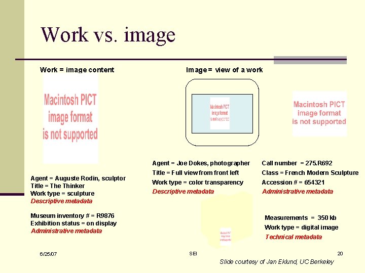 Work vs. image Work = image content Agent = Auguste Rodin, sculptor Title =