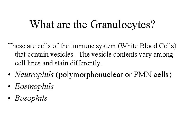 What are the Granulocytes? These are cells of the immune system (White Blood Cells) What are the Granulocytes? These are cells of the immune system (White Blood Cells)