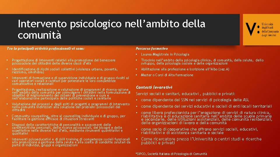 Intervento psicologico nell’ambito della comunità Tra le principali attività professionali vi sono: Percorso formativo