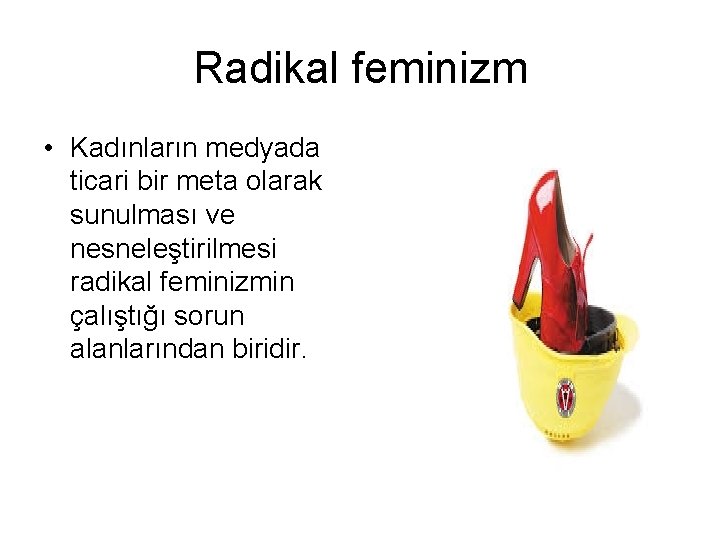 Radikal feminizm • Kadınların medyada ticari bir meta olarak sunulması ve nesneleştirilmesi radikal feminizmin Radikal feminizm • Kadınların medyada ticari bir meta olarak sunulması ve nesneleştirilmesi radikal feminizmin