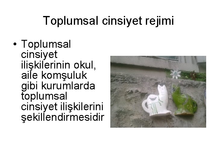 Toplumsal cinsiyet rejimi • Toplumsal cinsiyet ilişkilerinin okul, aile komşuluk gibi kurumlarda toplumsal cinsiyet Toplumsal cinsiyet rejimi • Toplumsal cinsiyet ilişkilerinin okul, aile komşuluk gibi kurumlarda toplumsal cinsiyet