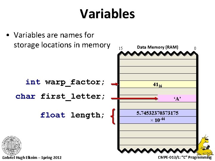 Variables • Variables are names for storage locations in memory int warp_factor; char first_letter;