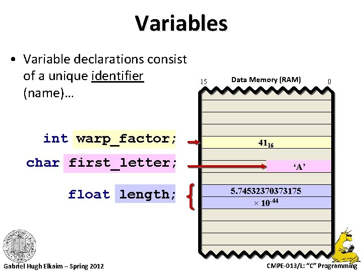 Variables • Variable declarations consist of a unique identifier (name)… int warp_factor; char first_letter;