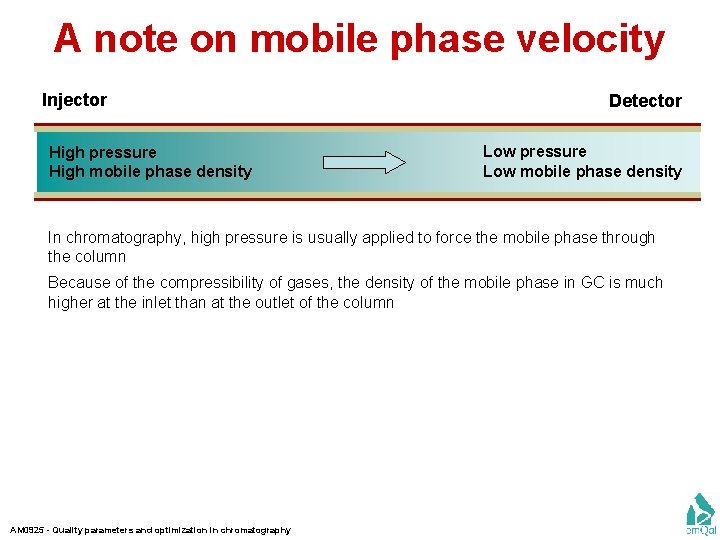 A note on mobile phase velocity Injector High pressure High mobile phase density Detector