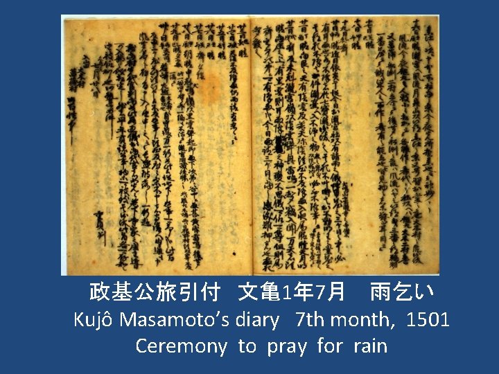 政基公旅引付　文亀1年 7月 　雨乞い Kujô Masamoto’s diary　7 th month, 1501 Ceremony to pray for rain
