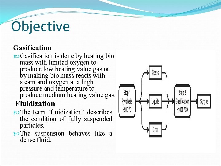 Objective Gasification is done by heating bio mass with limited oxygen to produce low