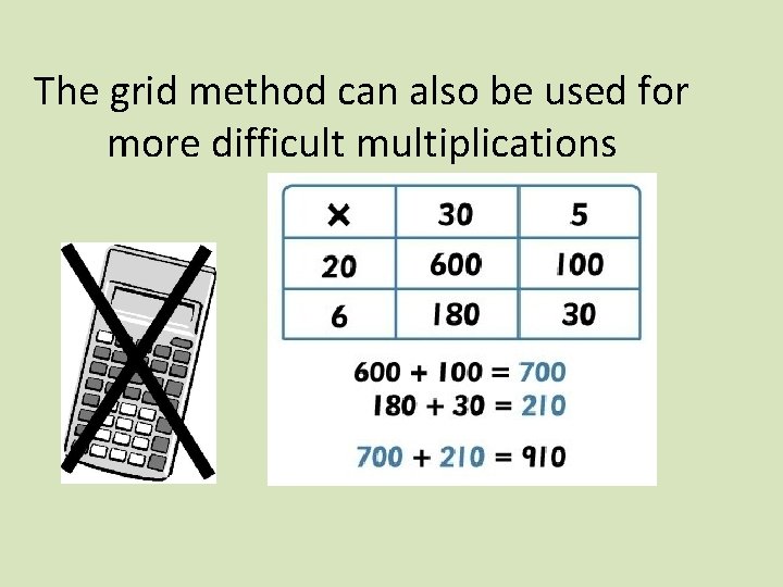 The grid method can also be used for more difficult multiplications 30 5 x