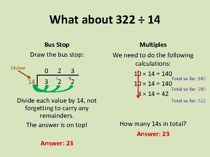 What about 322 ÷ 14 Bus Stop Draw the bus stop: Divisor 0 14