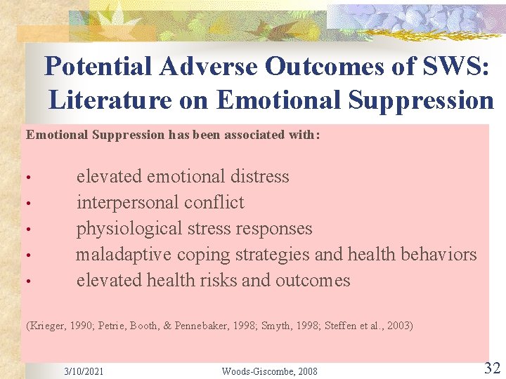 Potential Adverse Outcomes of SWS: Literature on Emotional Suppression has been associated with: •
