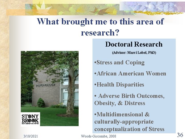 What brought me to this area of research? Doctoral Research (Advisor: Marci Lobel, Ph.