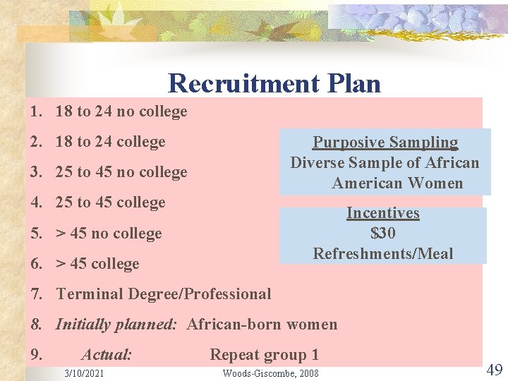 Recruitment Plan 1. 18 to 24 no college 2. 18 to 24 college Purposive