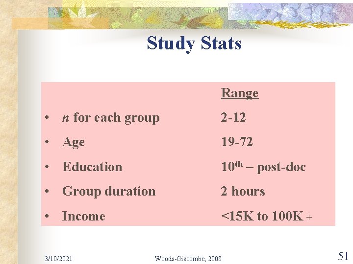 Study Stats Range • n for each group 2 -12 • Age 19 -72