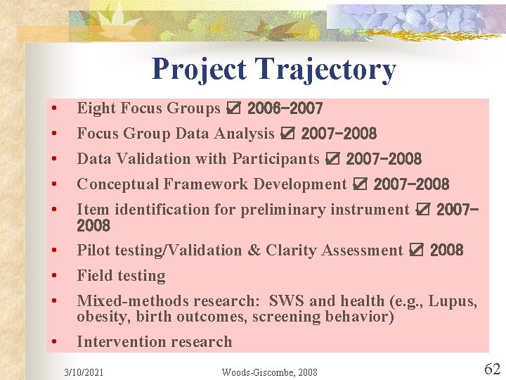 Project Trajectory • • • Eight Focus Groups ☑ 2006 -2007 Focus Group Data