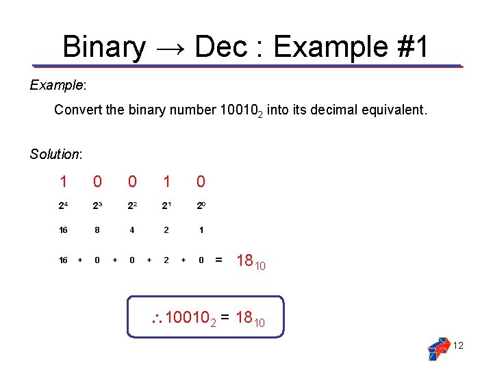 Binary → Dec : Example #1 Example: Convert the binary number 100102 into its Binary → Dec : Example #1 Example: Convert the binary number 100102 into its