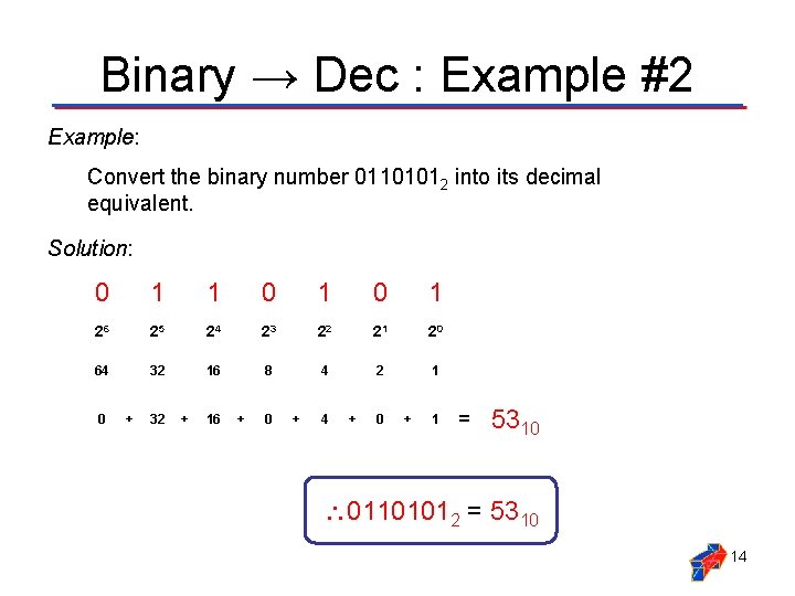 Binary → Dec : Example #2 Example: Convert the binary number 01101012 into its Binary → Dec : Example #2 Example: Convert the binary number 01101012 into its