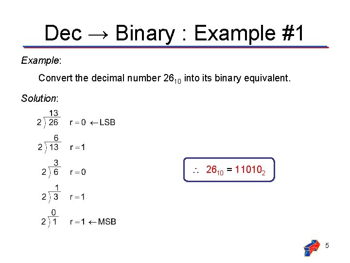 Dec → Binary : Example #1 Example: Convert the decimal number 2610 into its Dec → Binary : Example #1 Example: Convert the decimal number 2610 into its