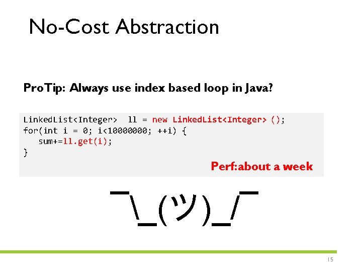 No-Cost Abstraction Pro. Tip: Always use index based loop in Java? Linked. List<Integer> ll